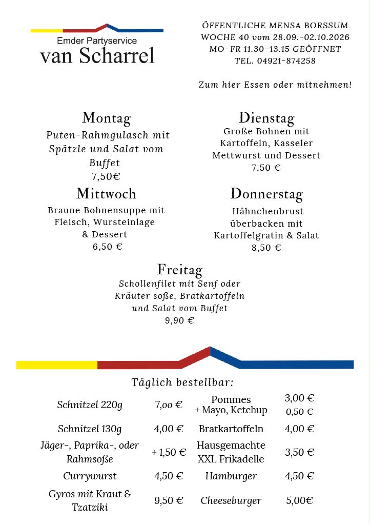 Speiseplan Öffentliche Mensa Borssum - Woche 40 vom 28.09.-02.10.2026